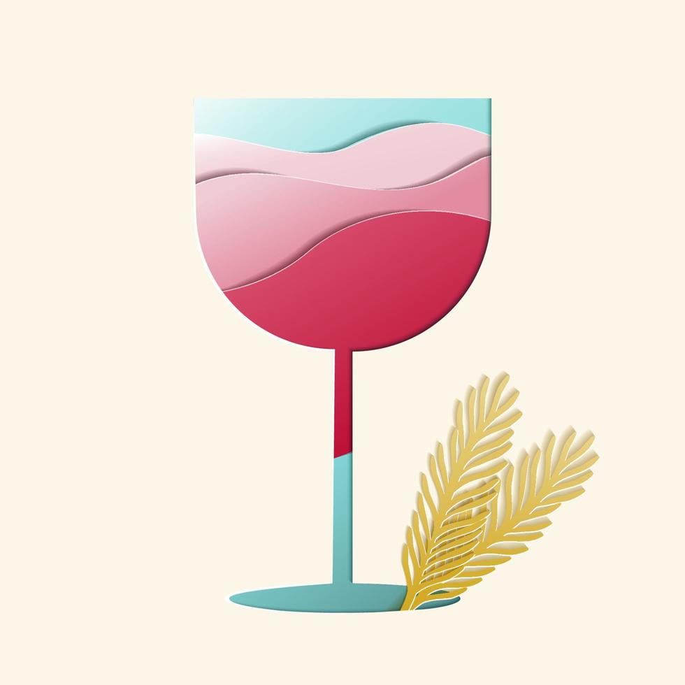 bicchiere di vino rosso. cocktail gin tonic al rosmarino. stile ritagliato della carta. illustrazione vettoriale. vettore