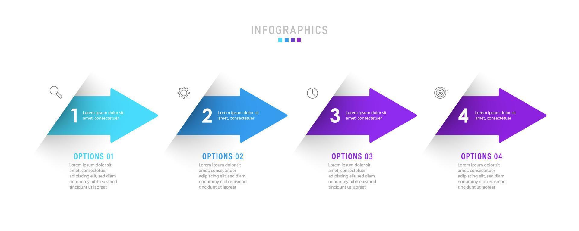 modello di progettazione di etichetta infografica vettoriale con icone e 4 opzioni o passaggi. può essere utilizzato per diagramma di processo, presentazioni, layout del flusso di lavoro, banner, diagramma di flusso, grafico informativo.