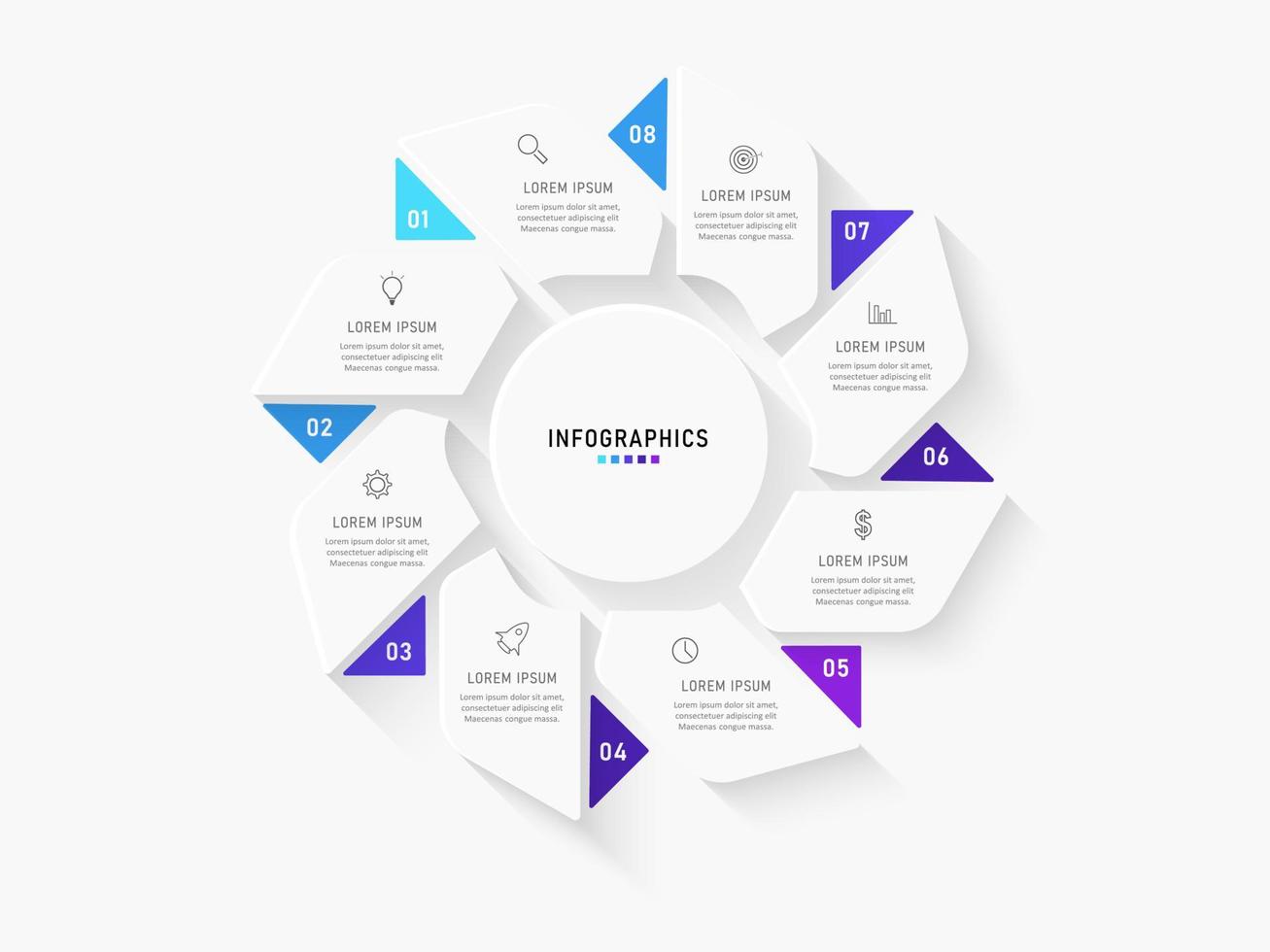 modello di progettazione di etichetta infografica vettoriale con icone e 8 opzioni o passaggi. può essere utilizzato per diagramma di processo, presentazioni, layout del flusso di lavoro, banner, diagramma di flusso, grafico informativo.