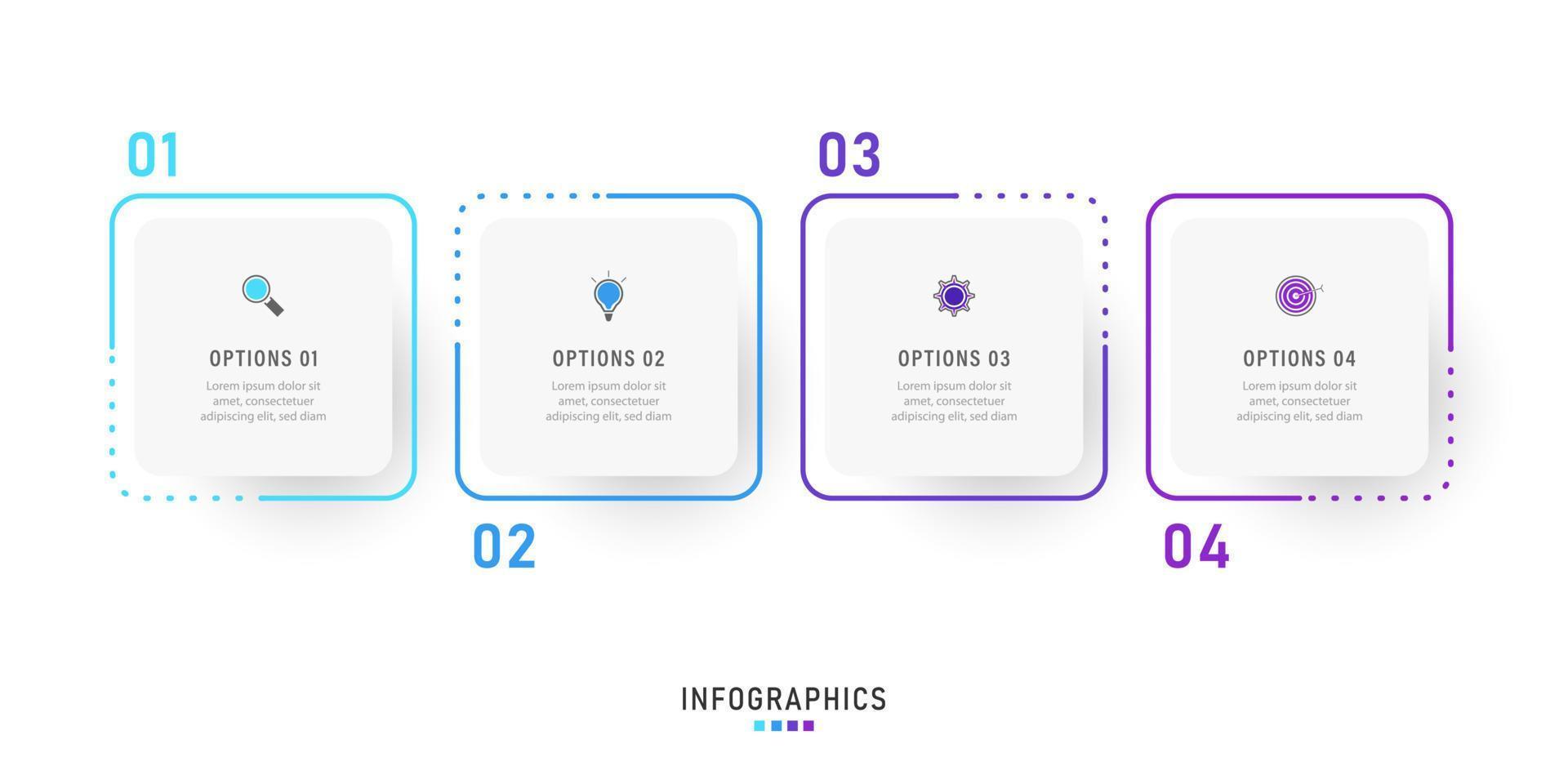 modello di progettazione di etichetta infografica vettoriale con icone e 4 opzioni o passaggi. può essere utilizzato per diagramma di processo, presentazioni, layout del flusso di lavoro, banner, diagramma di flusso, grafico informativo.