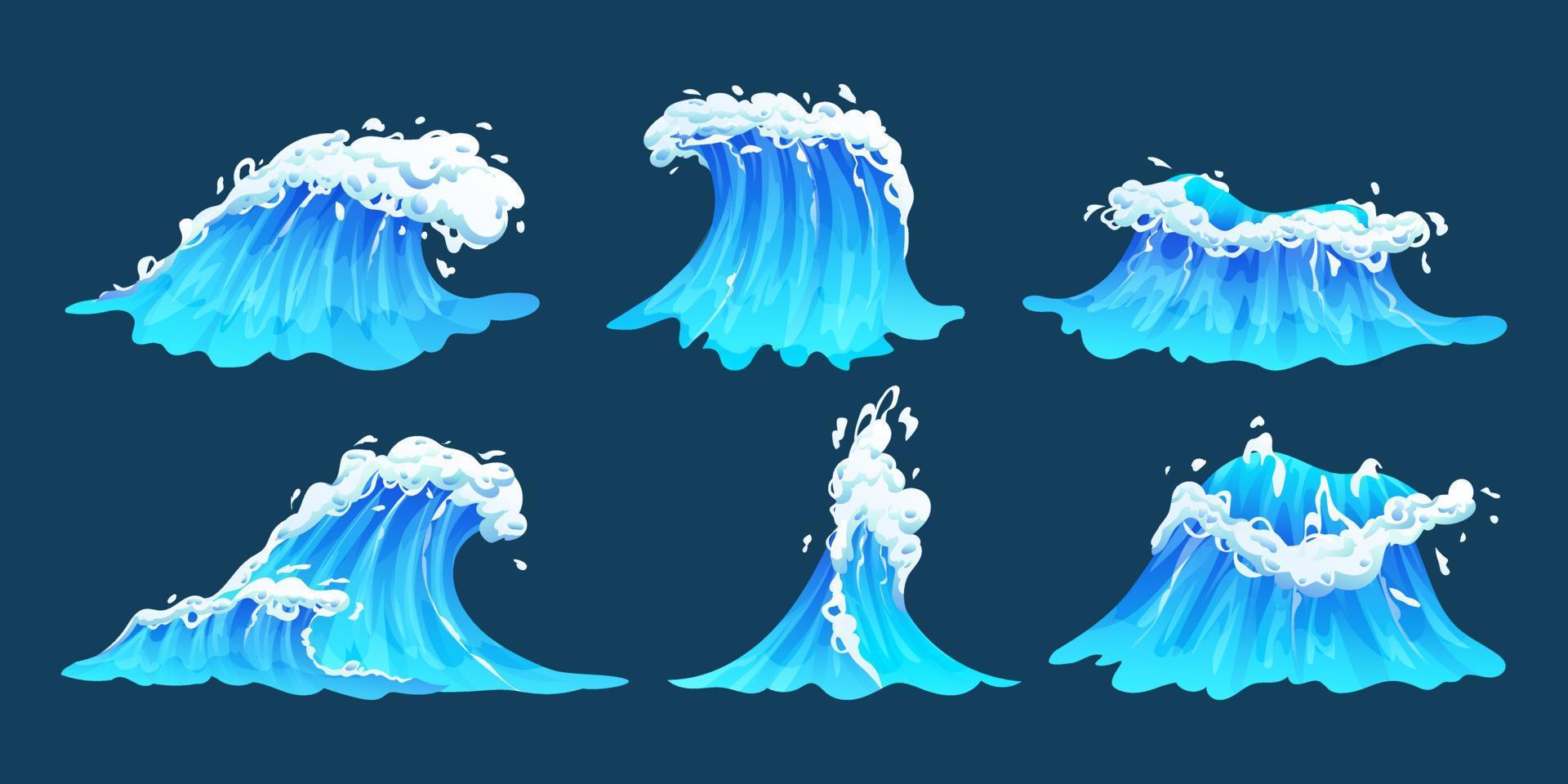 collezione di onde del mare dei cartoni animati. set di onde dell'oceano blu con illustrazione vettoriale schiuma bianca