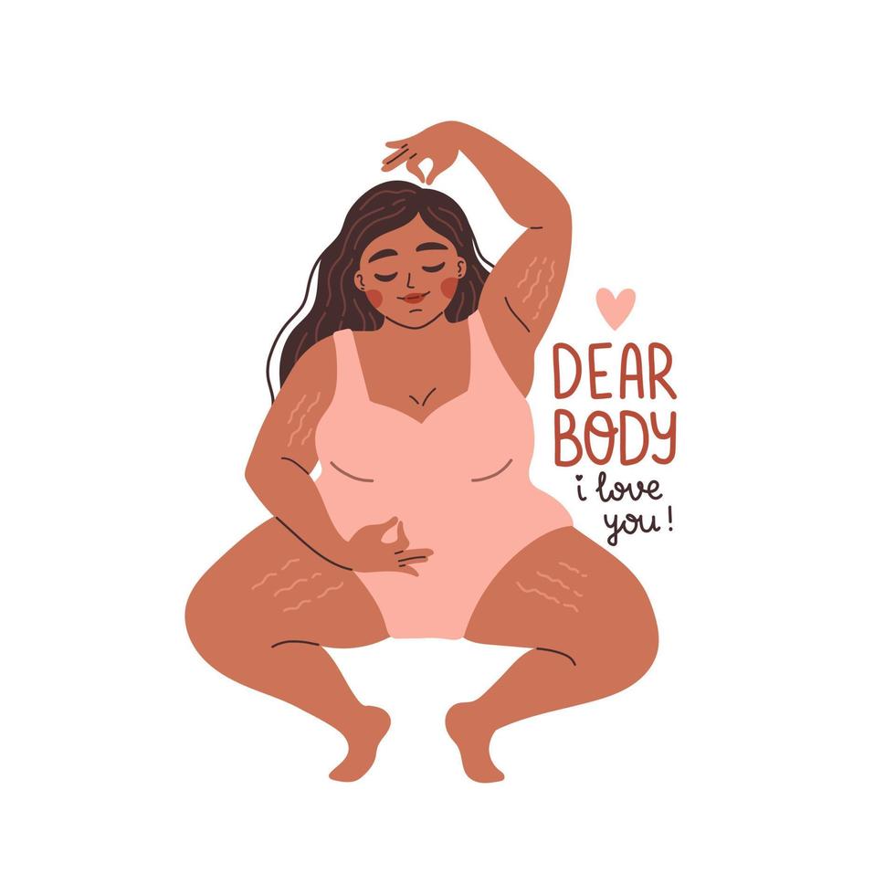 corpo positivo amore il tuo corpo citazione design piatto illustrazione vettoriale. bella donna di colore plus size. caro corpo, ti amo vettore