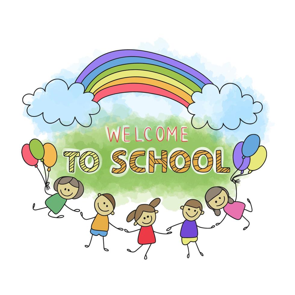 benvenuti a scuola, citazioni scritte a mano, simpatici cartoni animati per bambini gioiosi con palloncini, arcobaleno vettore