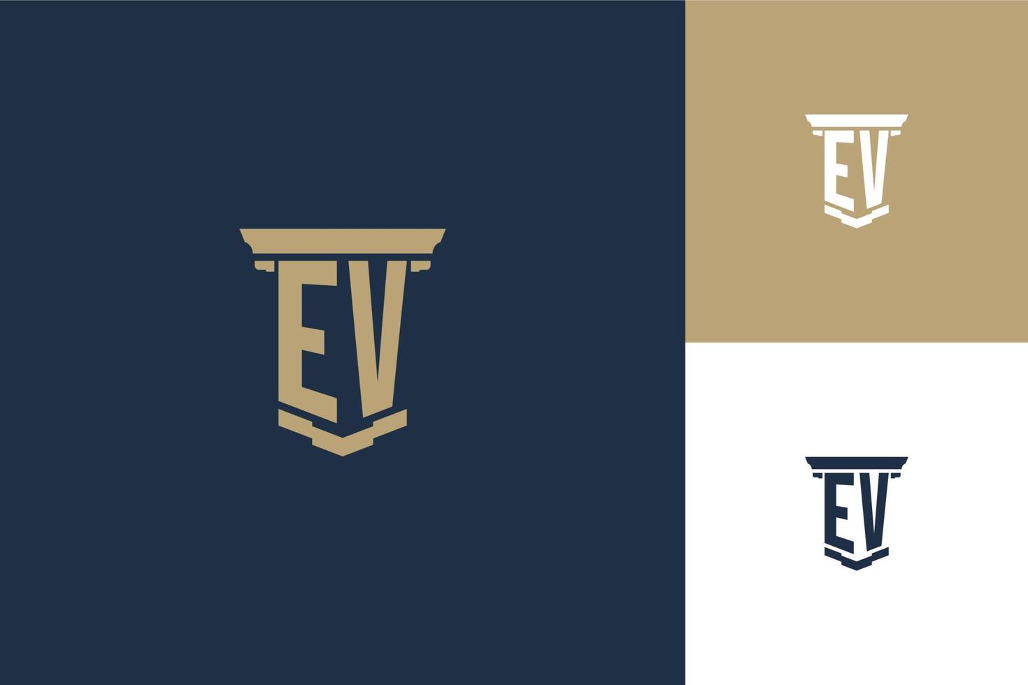 ev monogramma iniziali logo design con icona pilastro. disegno del logo di legge legale vettore