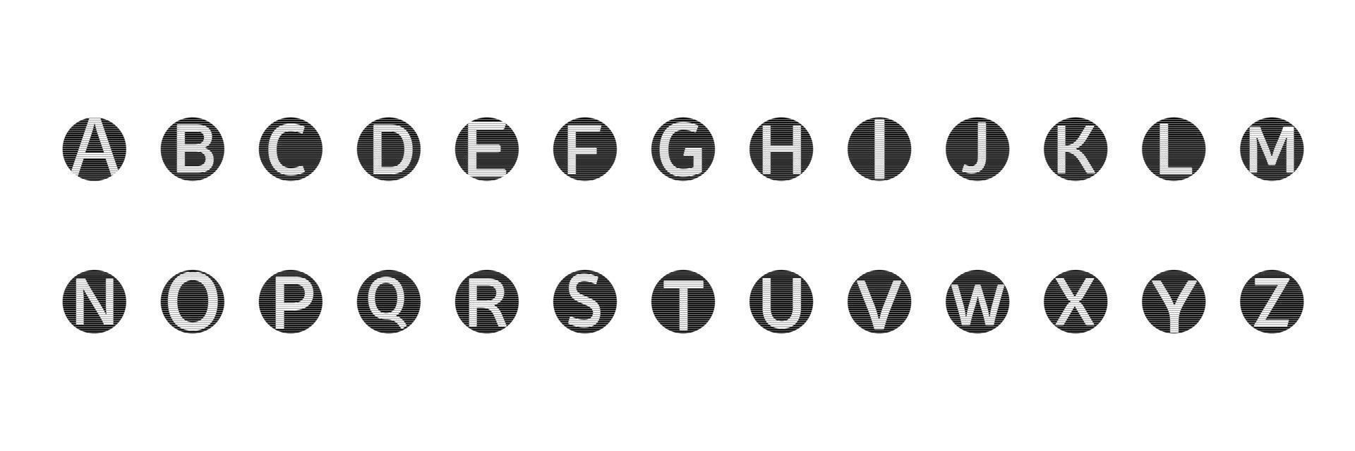 alfabeto inglese lettere simboli icone segni semplice set colorato in bianco e nero. un insieme di icone di lettere dell'alfabeto inglese, piatte, bianche e nere per lo più nere. vettore
