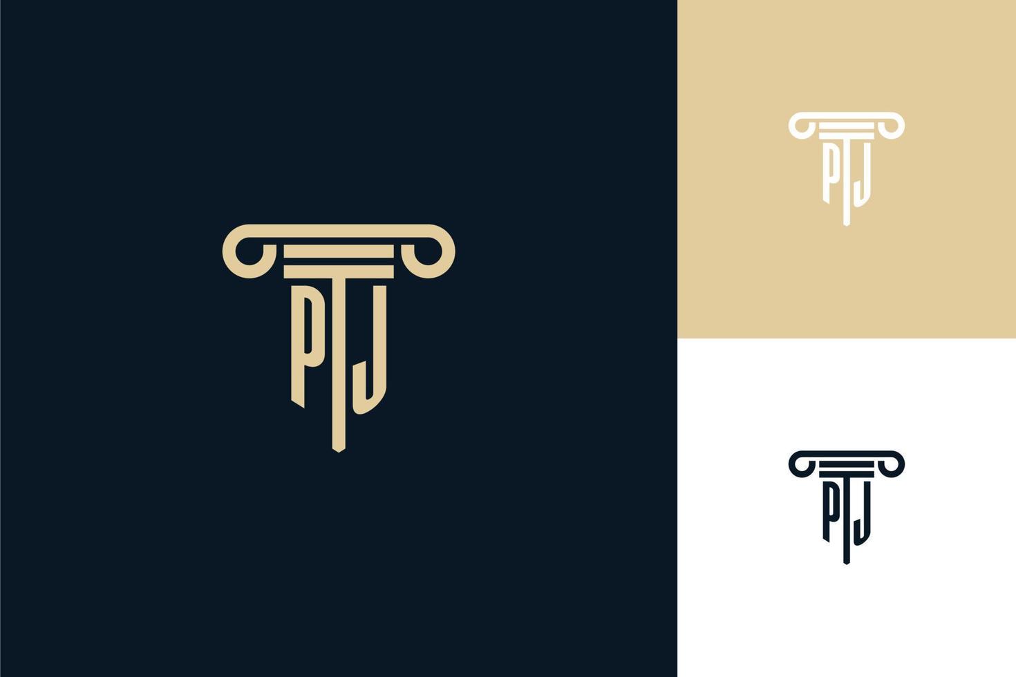 logo di design delle iniziali del monogramma pj. idee per il design del logo dell'avvocato vettore