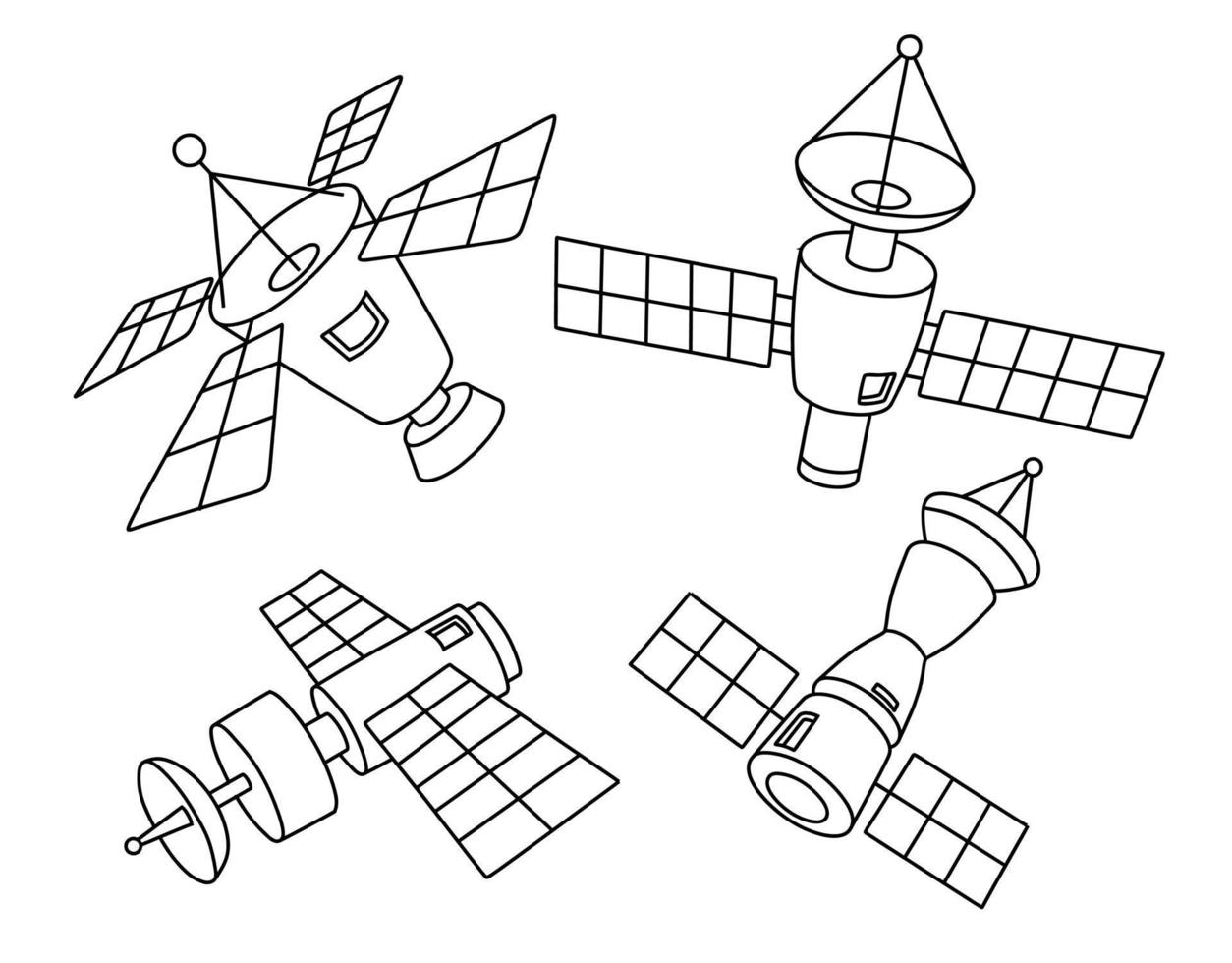 doodle set di simpatico satellite. vettore