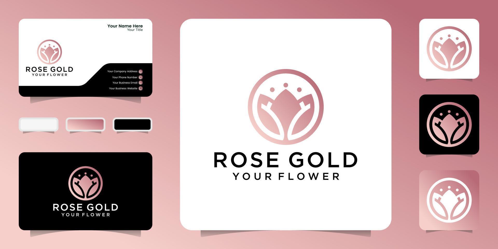 modello di progettazione del logo del fiore in oro rosa e biglietto da visita vettore