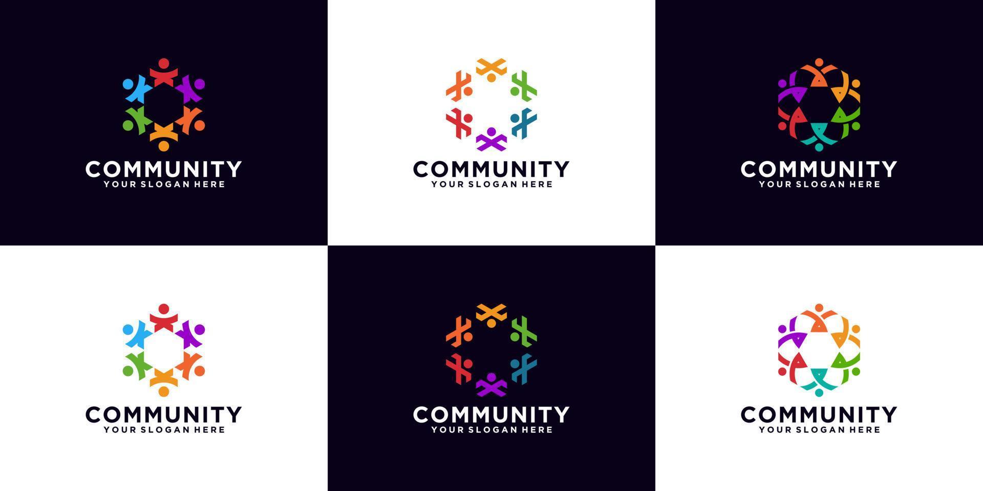 una raccolta di ispirazioni per il design del logo della comunità delle persone con vari colori vettore