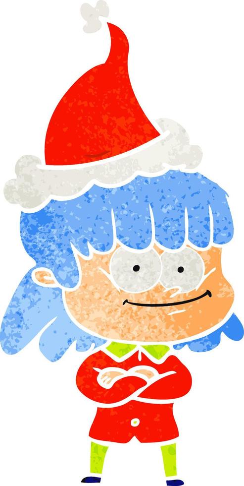 cartone animato retrò di una donna sorridente che indossa il cappello di Babbo Natale vettore