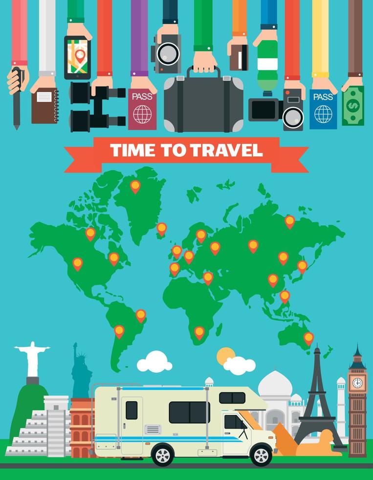 time to travel design flat con camper, trailer e mappa della terra vettore