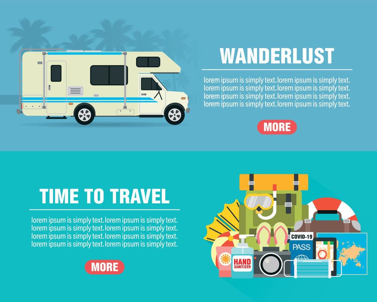 banner piatto per il concept design estivo Wanderlust con camper, rimorchio. tempo di viaggiare. icona di viaggio. buon viaggio vettore