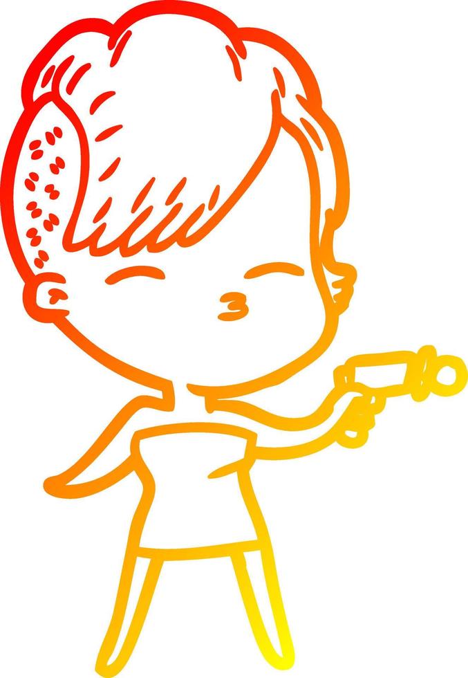caldo gradiente disegno cartone animato ragazza strizzando gli occhi che punta pistola a raggi vettore