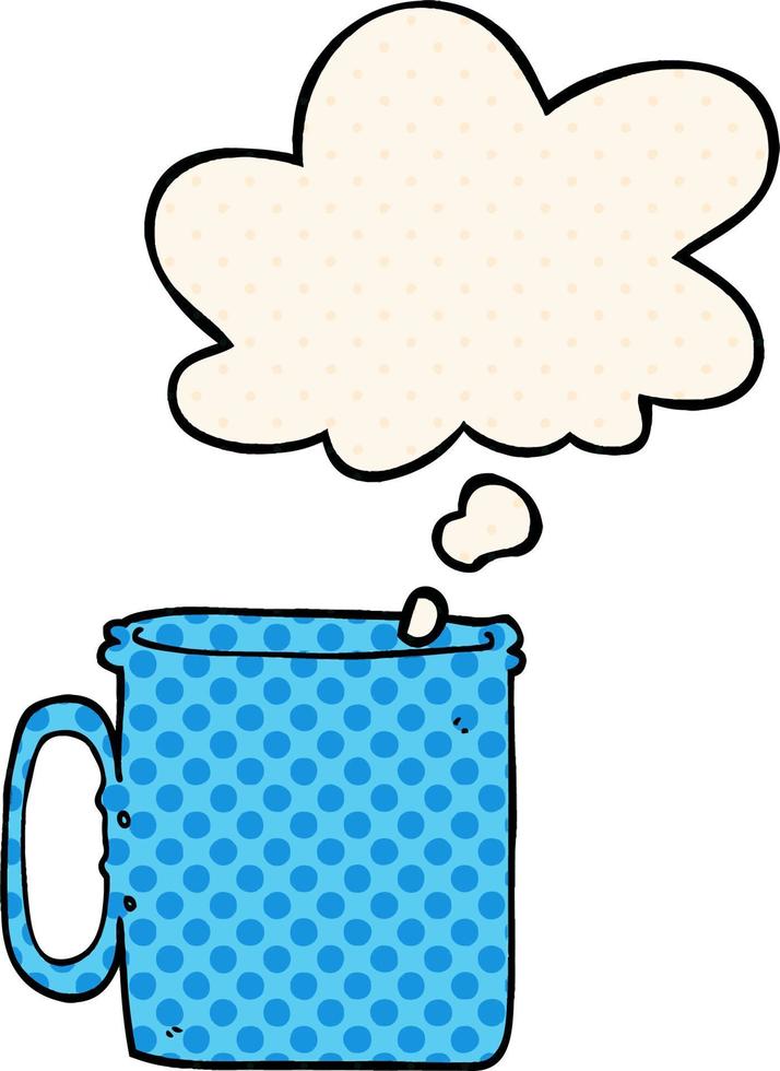 cartone animato campeggio tazza di caffè e bolla di pensiero in stile fumetto vettore