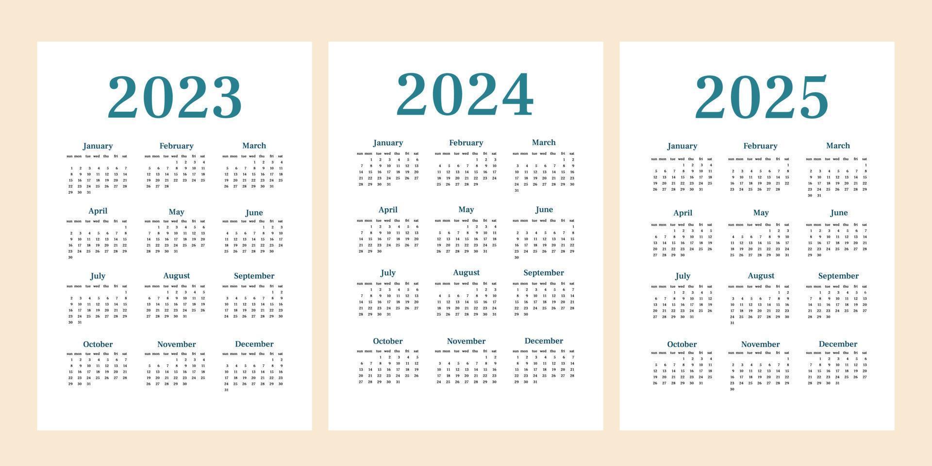 calendario semplice 2023, 2024,2025 impostato. un foglio verticale con tutti i mesi. inizio settimana di domenica. a4 a3 a2 a5. design minimalista vettoriale