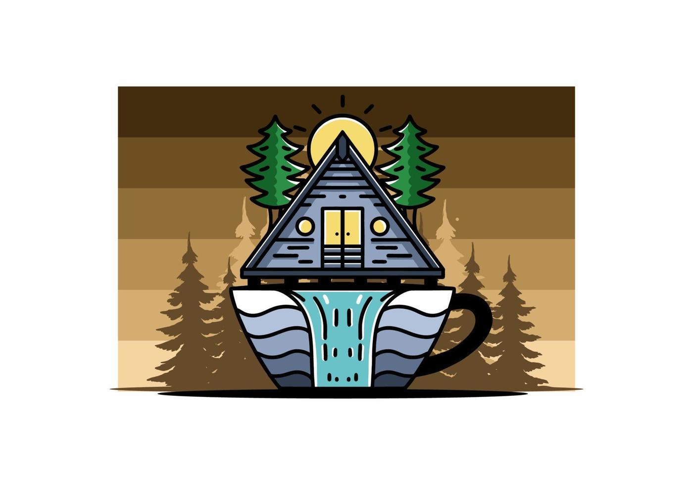 cabina di legno e alberi di pino sulla forma della tazza di caffè con l'illustrazione della cascata vettore