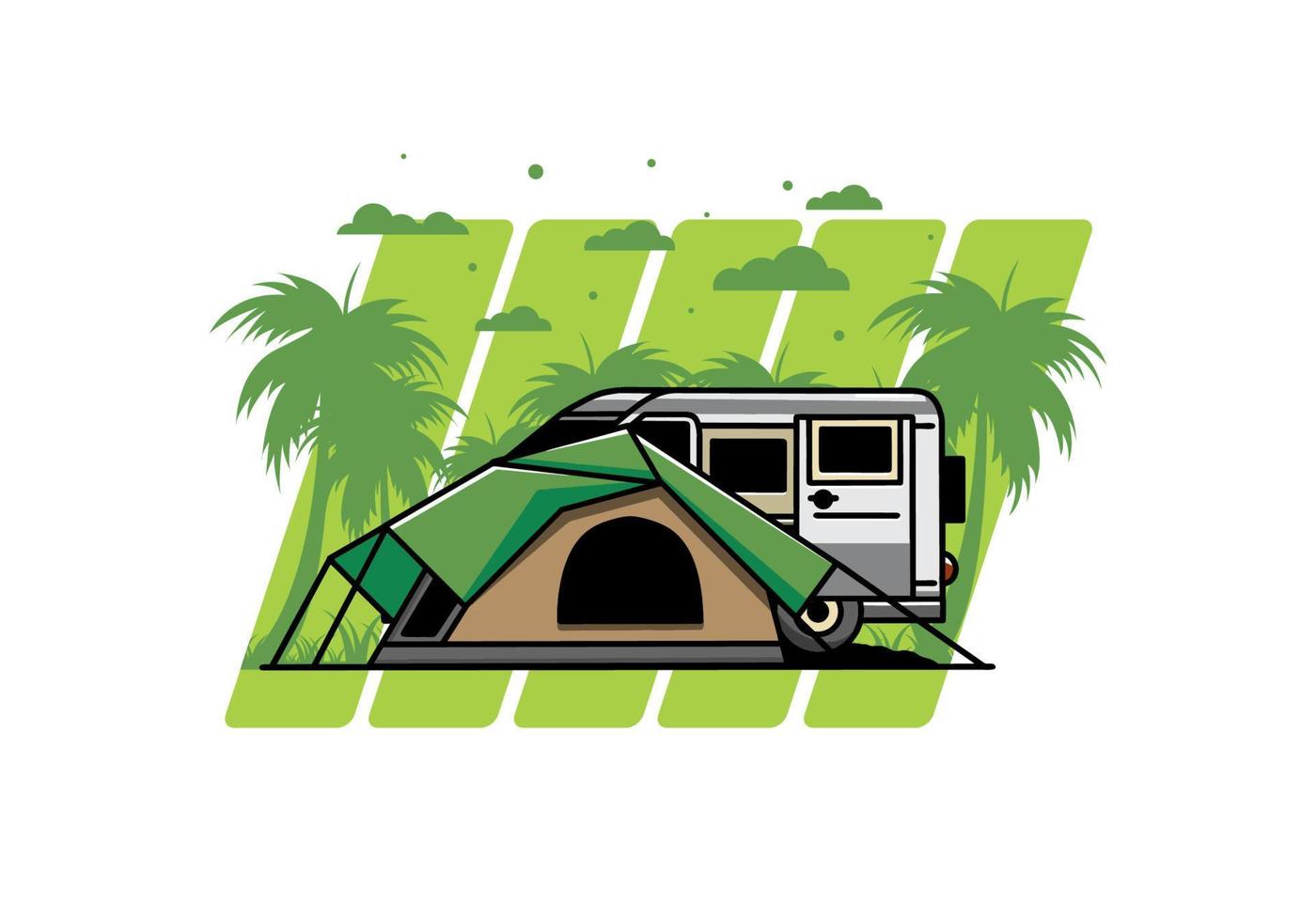 disegno dell'illustrazione dell'automobile del furgone e della tenda da campeggio vettore