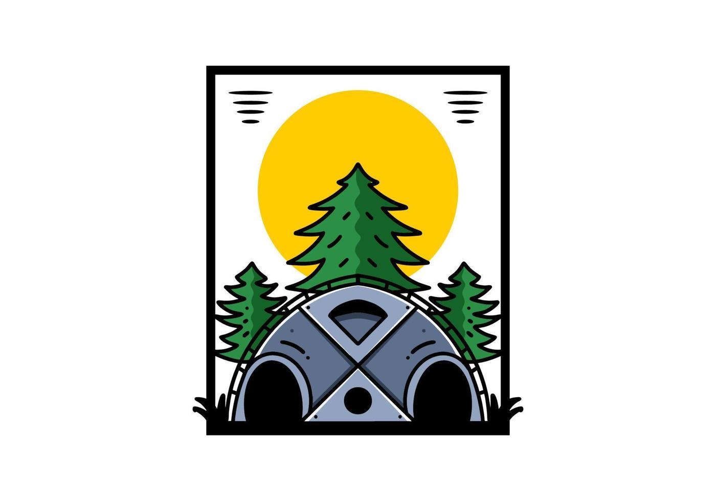 disegno del distintivo dell'illustrazione dei pini e della tenda della grande famiglia vettore