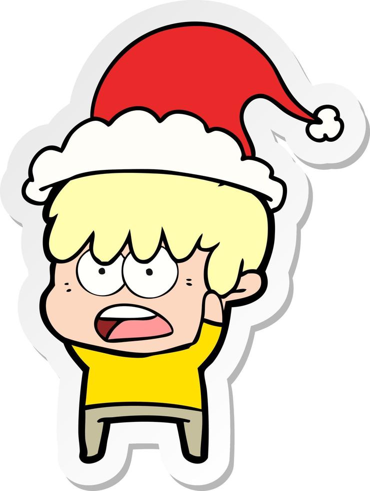 adesivo preoccupato cartone animato di un ragazzo che indossa il cappello di Babbo Natale vettore