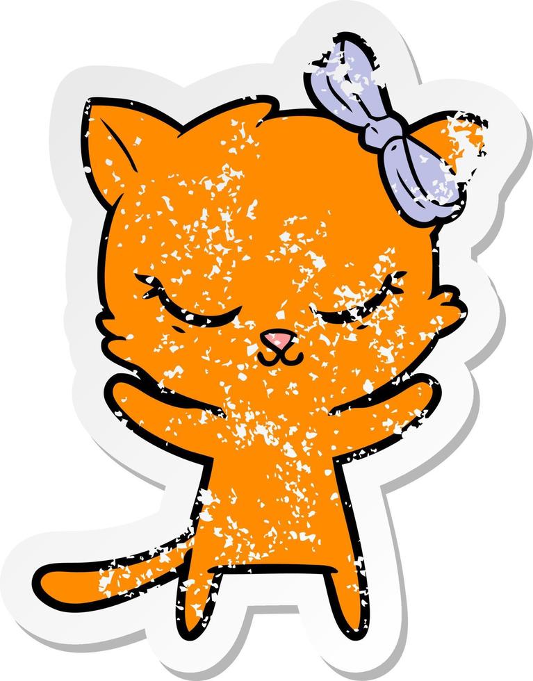 adesivo in difficoltà di un simpatico gatto cartone animato con fiocco vettore