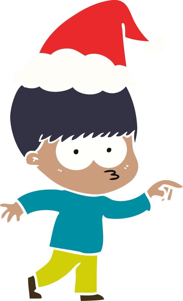 illustrazione a colori piatta nervosa di un ragazzo che indossa un cappello da Babbo Natale vettore