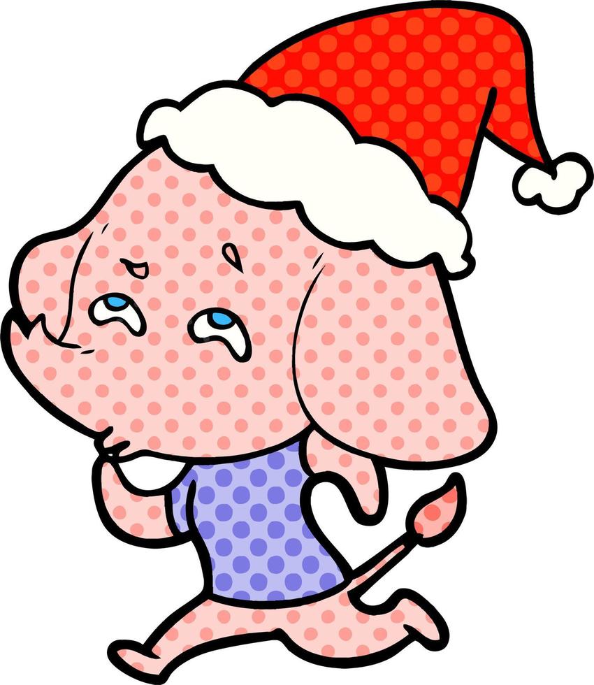 illustrazione in stile fumetto di un elefante che ricorda di indossare il cappello di Babbo Natale vettore