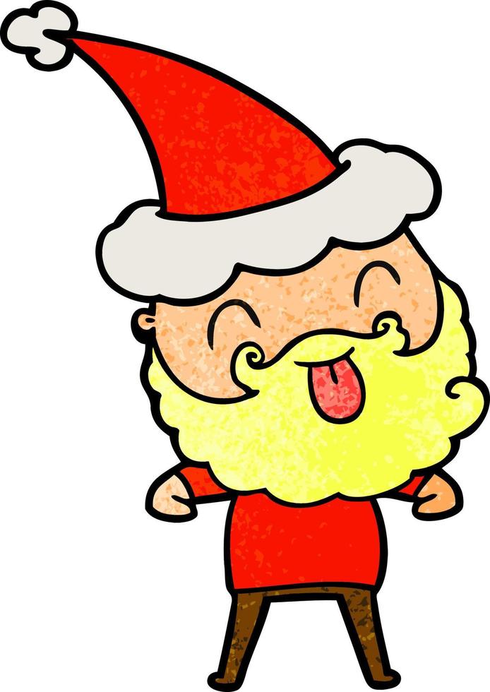 uomo con la barba che sporge lingua con indosso il cappello di Babbo Natale vettore