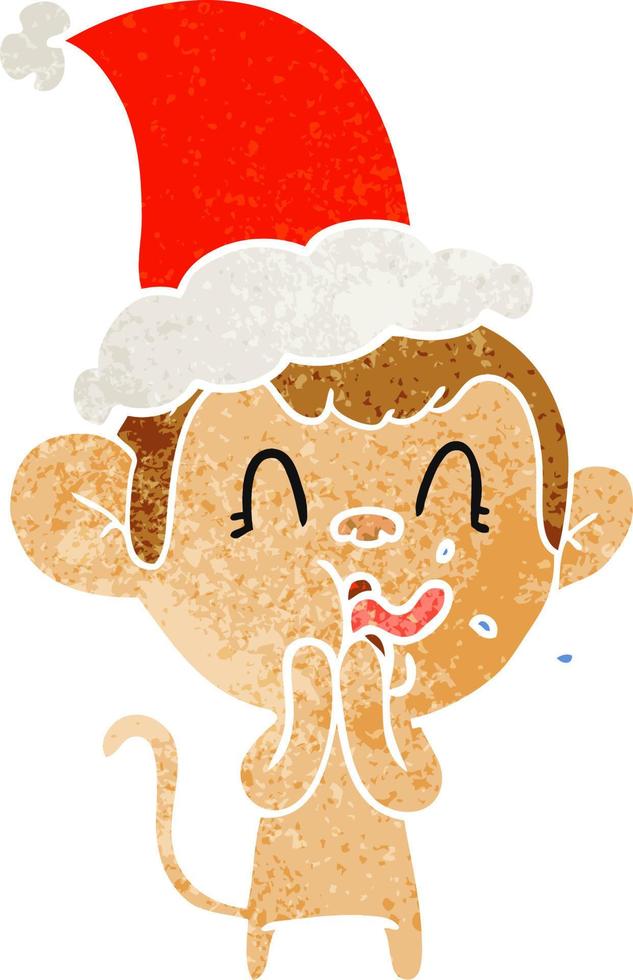cartone animato retrò pazzo di una scimmia che indossa il cappello di Babbo Natale vettore
