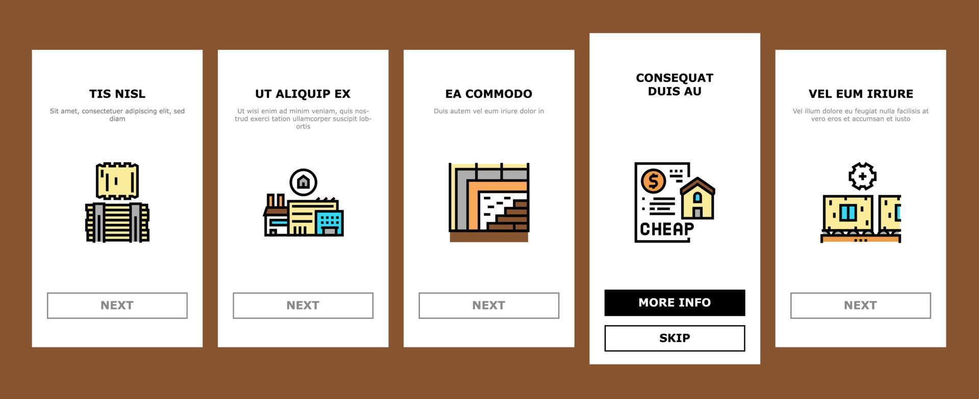 Le icone di onboarding della casa con struttura in legno impostano il vettore