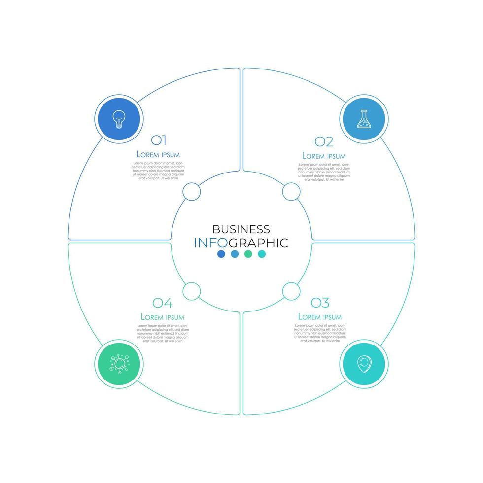 il modello moderno dell'elemento del cerchio di infografica può essere utilizzato per il layout del flusso di lavoro, il diagramma, le opzioni numeriche, il web design. concetto di business infografico con 4 opzioni, parti, passaggi o processi. vettore