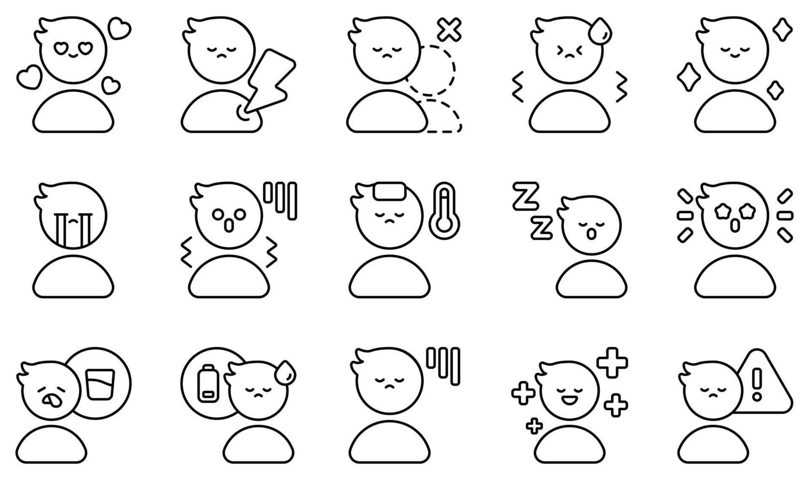 set di icone vettoriali relative al sentimento. contiene icone come innamorato, sofferente, solitario, nervoso, sollevato, triste e altro ancora.