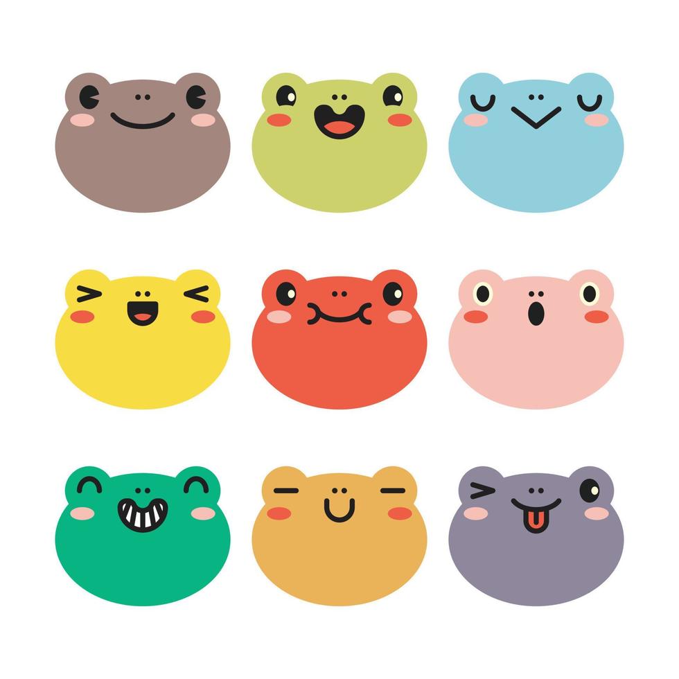 set di vari avatar di espressioni facciali di rana. illustrazione vettoriale di testa di animale adorabile bambino carino. semplice design piatto di emoticon faccia felice sorridente animale cartone animato. colorato su sfondo bianco.