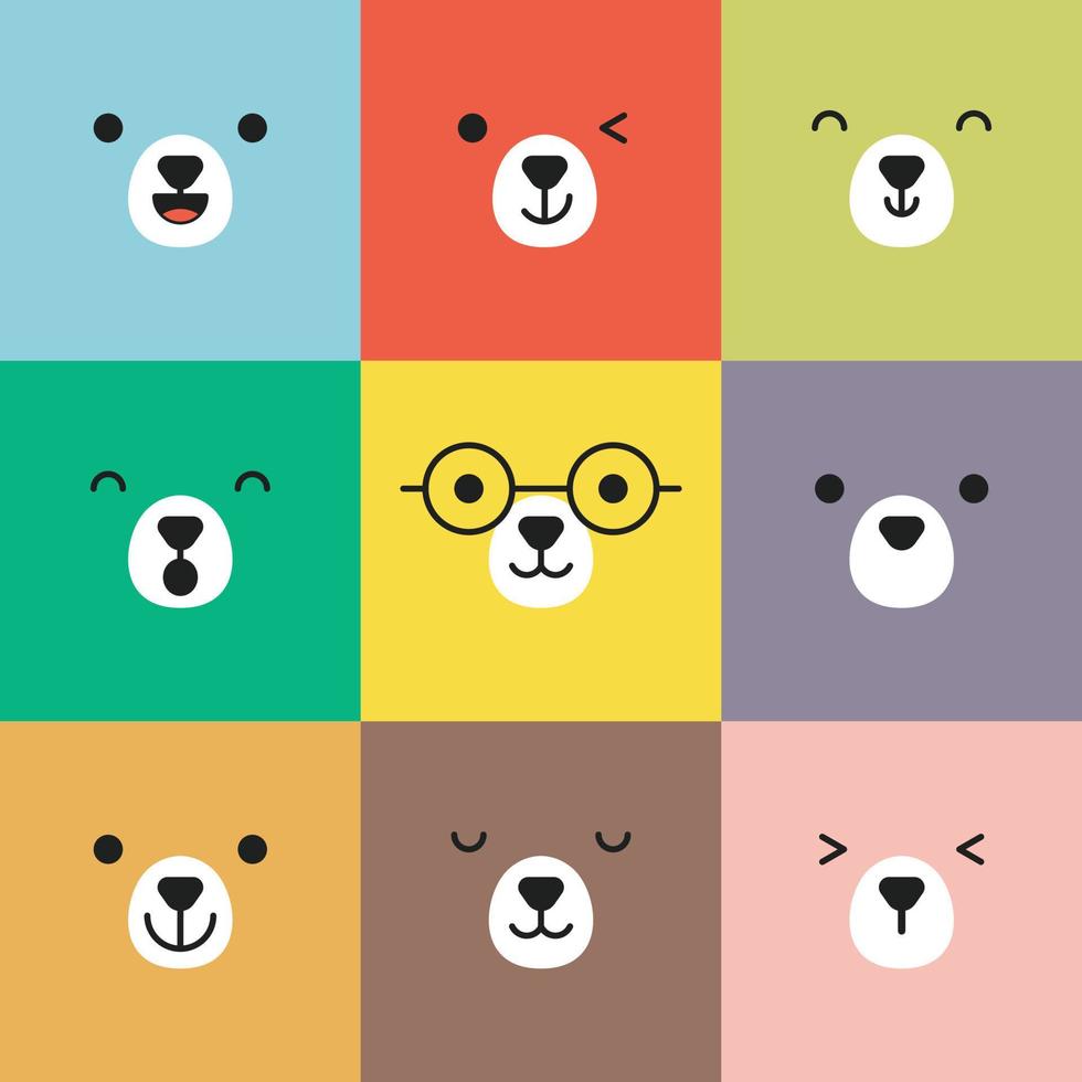 insieme di vari avatar di espressioni facciali dell'orso. illustrazione vettoriale di testa di animale adorabile bambino carino. semplice illustrazione piatta della faccia animale su sfondo quadrato colorato.