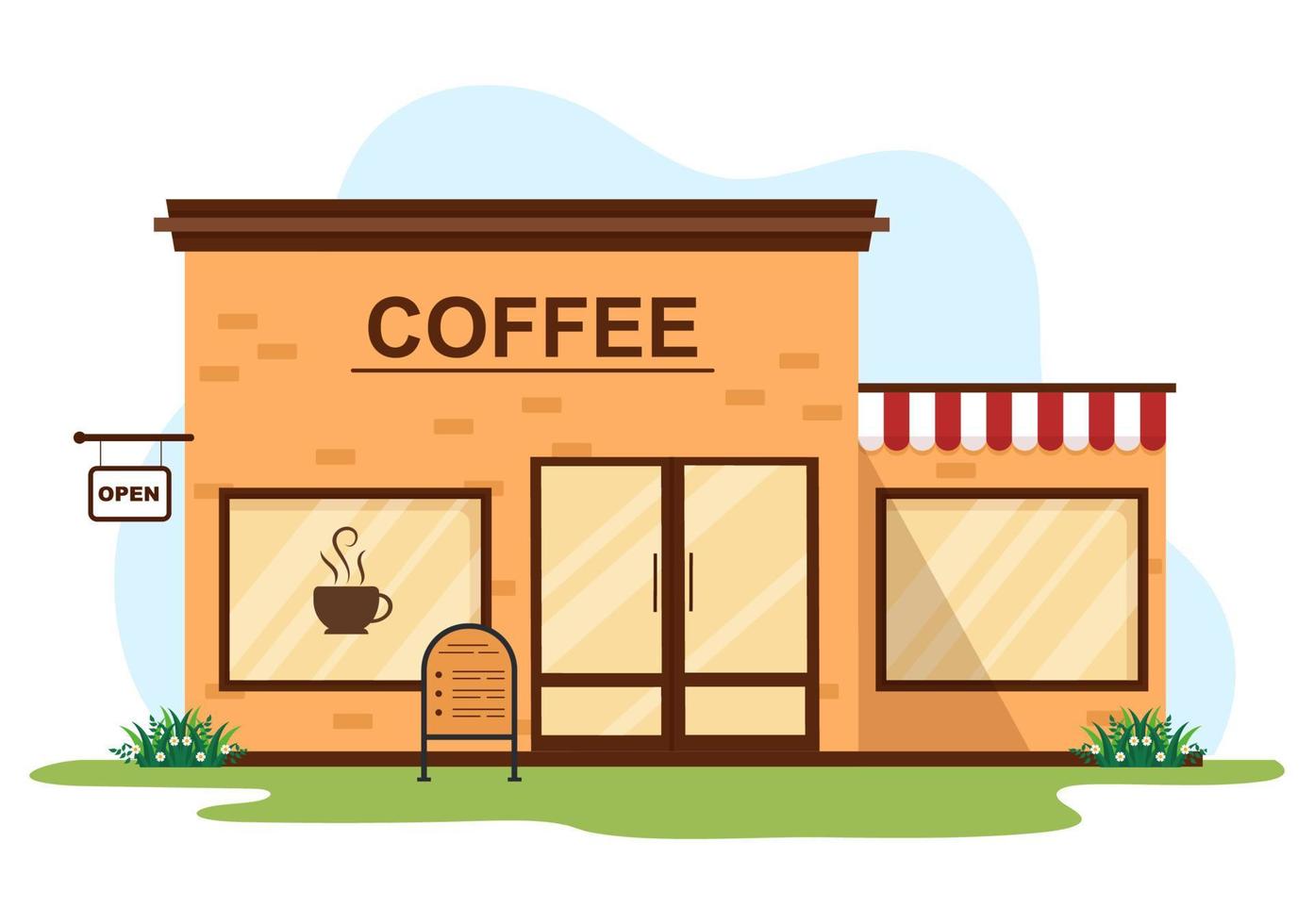 giornata internazionale del caffè il 1° ottobre piatto fumetto illustrazione disegnata a mano con il design dell'edificio del negozio di bevande vettore