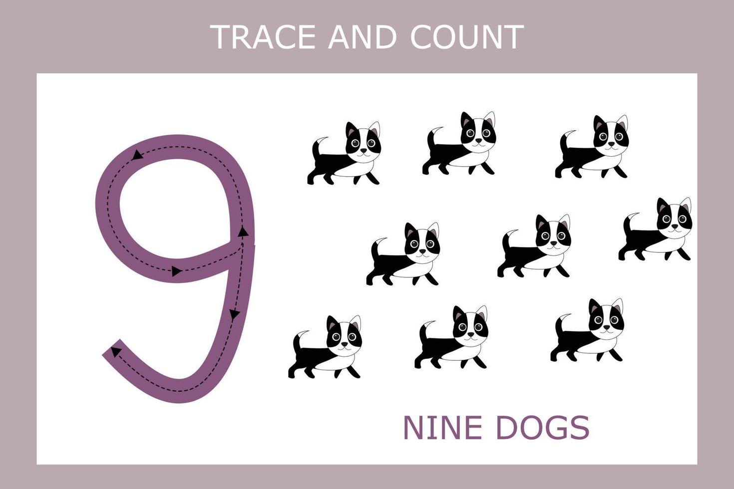 foglio di lavoro numero nove colpi con cani per bambini con abilità motorie fini. gioco educativo per bambini in età prescolare. vettore