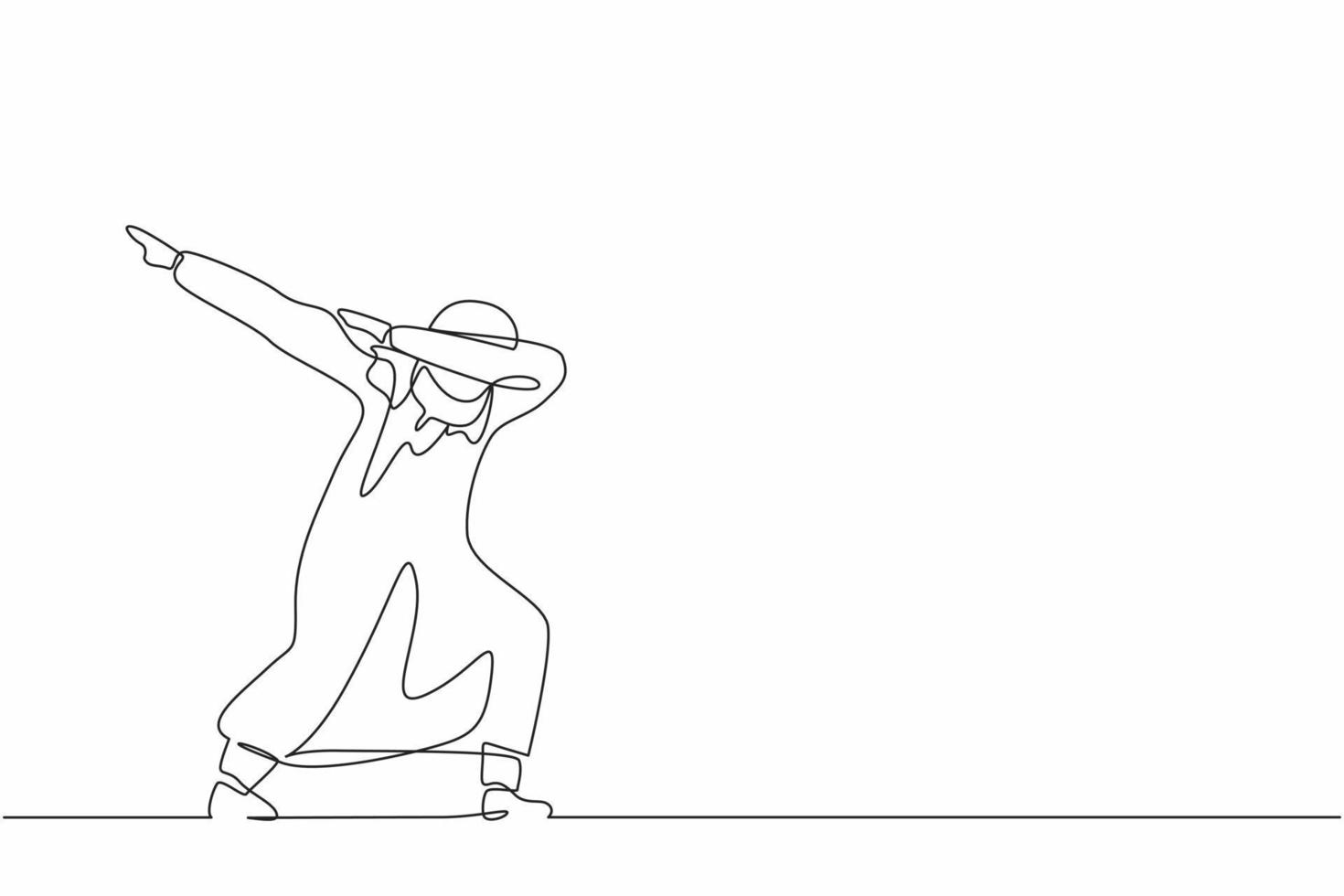 disegno continuo di una linea felice uomo d'affari arabo in piedi con le braccia incrociate e guardare in basso. il venditore celebra l'aumento di stipendio dall'azienda. illustrazione grafica vettoriale di disegno a linea singola