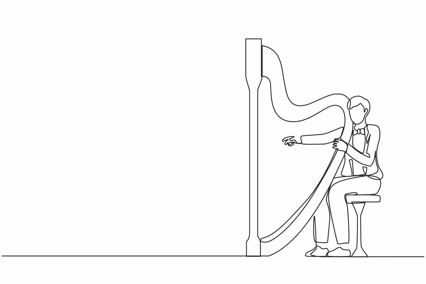 singolo uomo di disegno a tratteggio musicista che suona l'arpa. personaggio di esecutore di musica classica con strumento musicale. maschio seduto e suonare l'arpa. illustrazione vettoriale grafica di disegno a linea continua