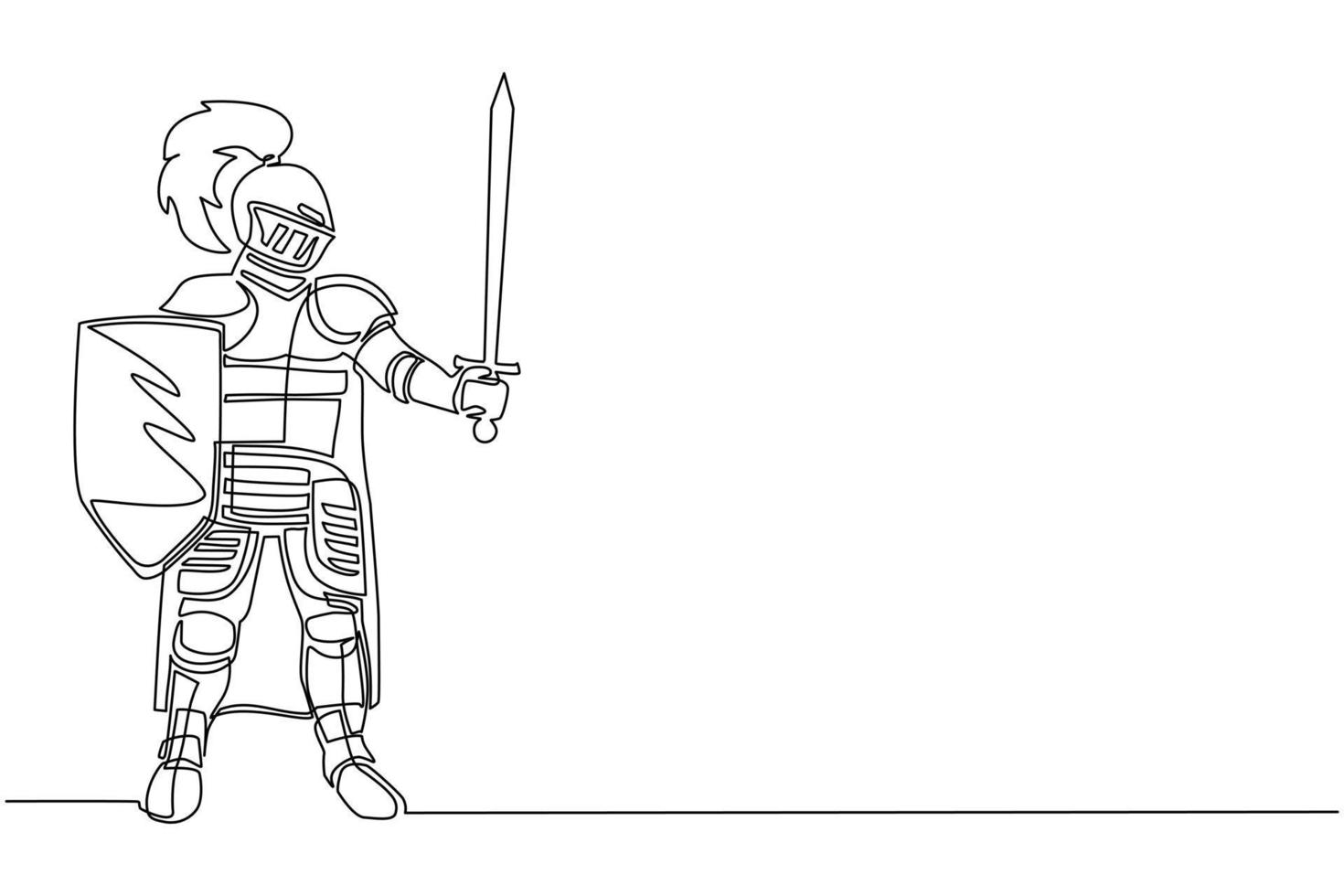 disegno a linea continua singola cavaliere medievale in armatura, mantello ed elmo con piuma. guerriero del medioevo in piedi, con scudo e spada alzata. figura cavalleresca. vettore di disegno di una linea