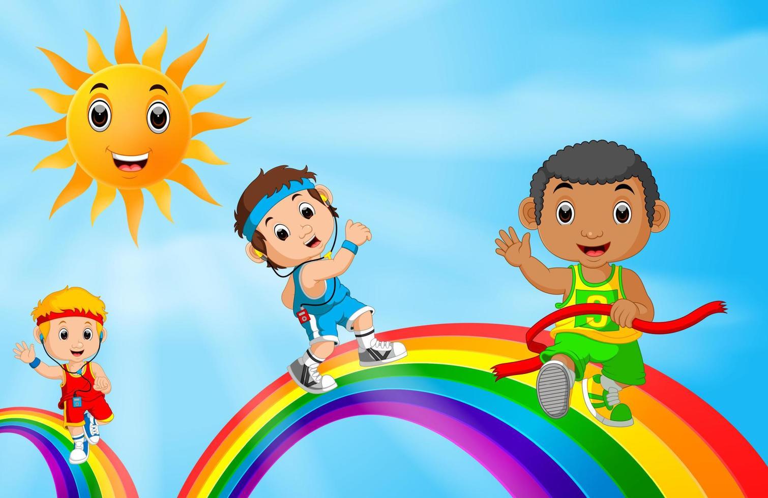 sport per bambini che corre sull'arcobaleno vettore