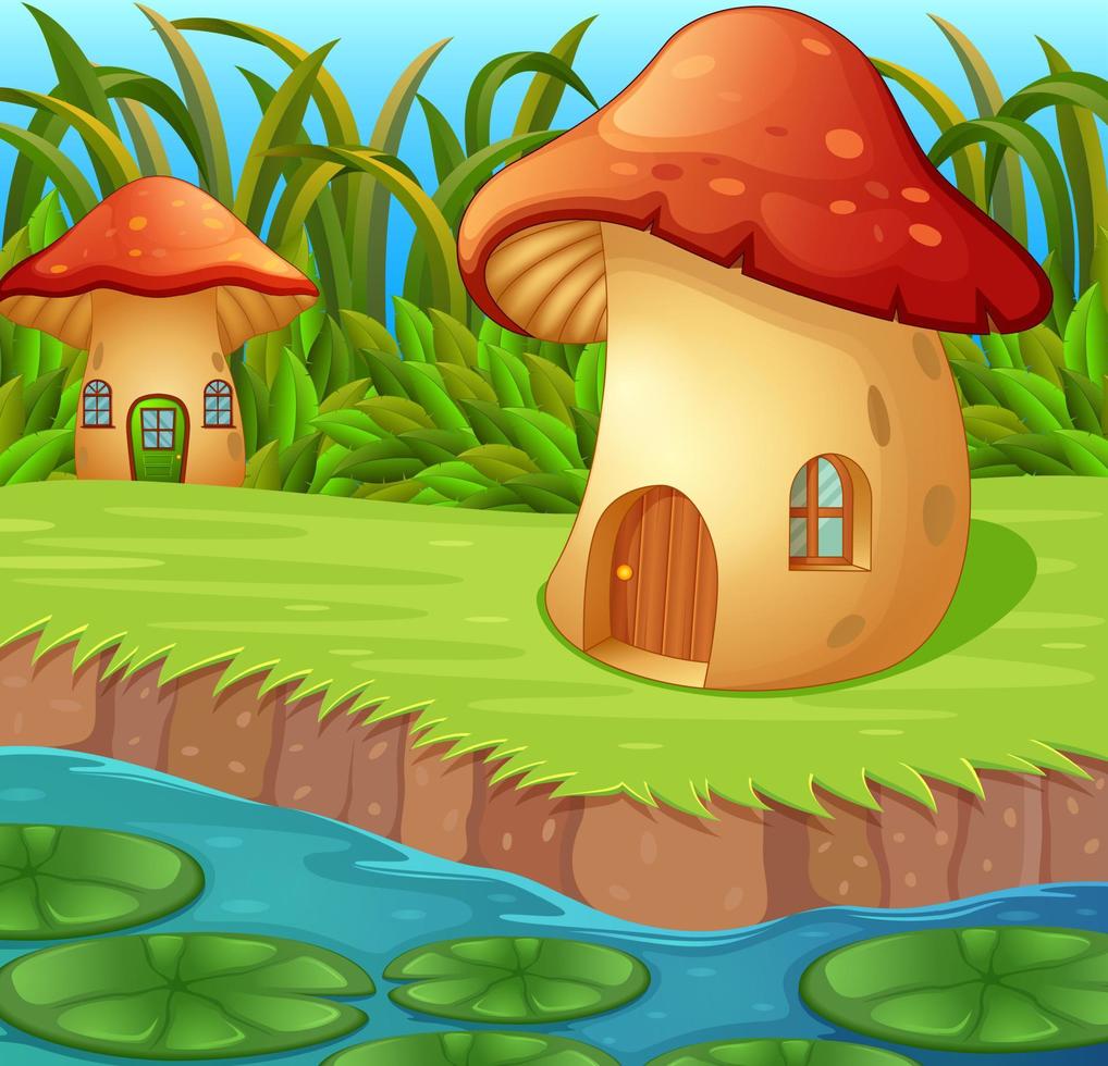 una ninfea davanti a una casa dei funghi in una natura meravigliosa vettore
