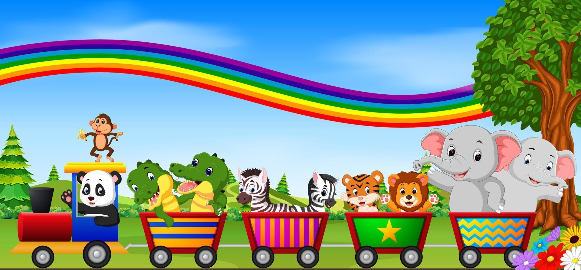 animali selvatici sul treno con illustrazione arcobaleno vettore