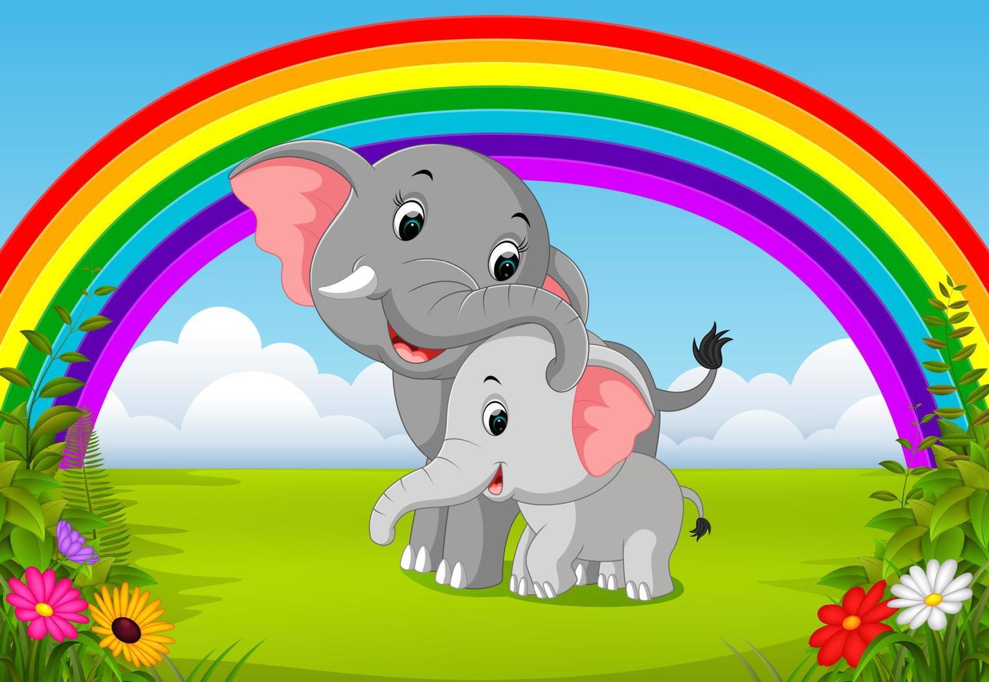 elefante ed elefantino nella giungla con scena arcobaleno vettore