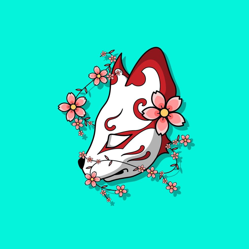 maschera giapponese kitsune con fiore di sakura, illustrazione vettoriale eps.10