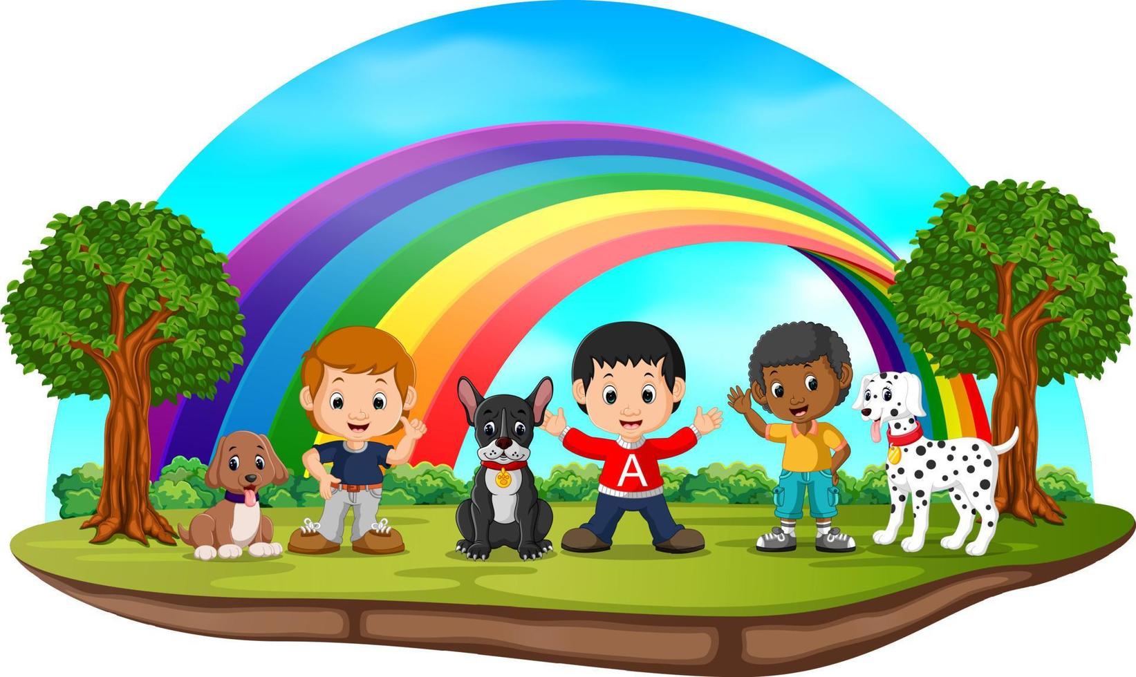 bambini e cani nel parco il giorno dell'arcobaleno vettore