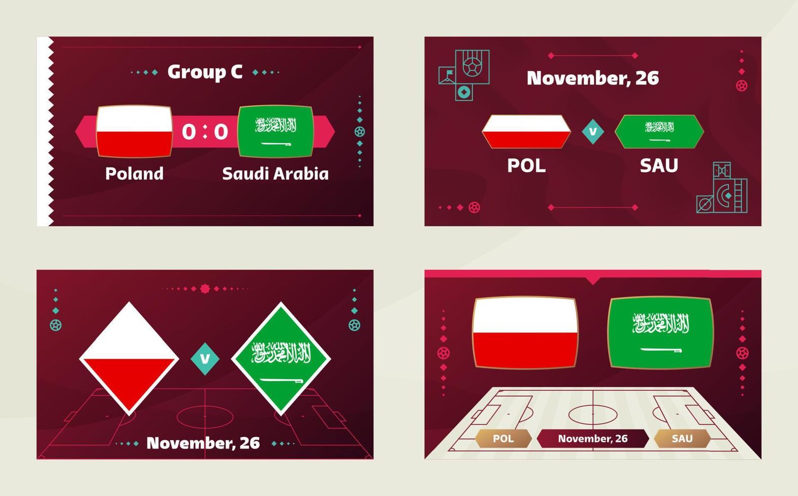 polonia vs arabia saudita, calcio 2022, girone c. partita di campionato mondiale di calcio contro squadre intro sfondo sportivo, poster finale della competizione di campionato, illustrazione vettoriale. vettore