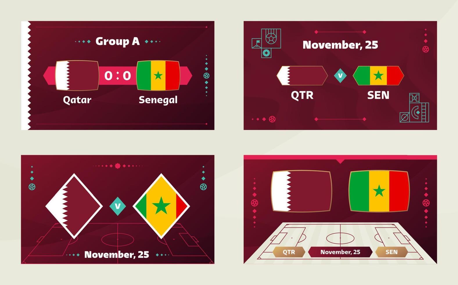 qatar vs senegal, calcio 2022, gruppo a. partita di campionato mondiale di calcio contro squadre intro sfondo sportivo, poster finale della competizione di campionato, illustrazione vettoriale. vettore