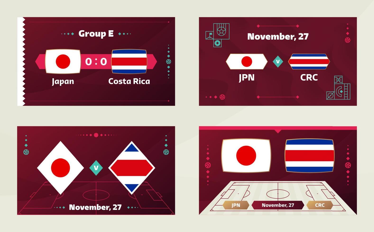 partita giappone vs costa rica. partita del campionato mondiale di calcio 2022 contro le squadre sul campo di calcio. sfondo sportivo introduttivo, poster finale della competizione del campionato, illustrazione vettoriale in stile piatto