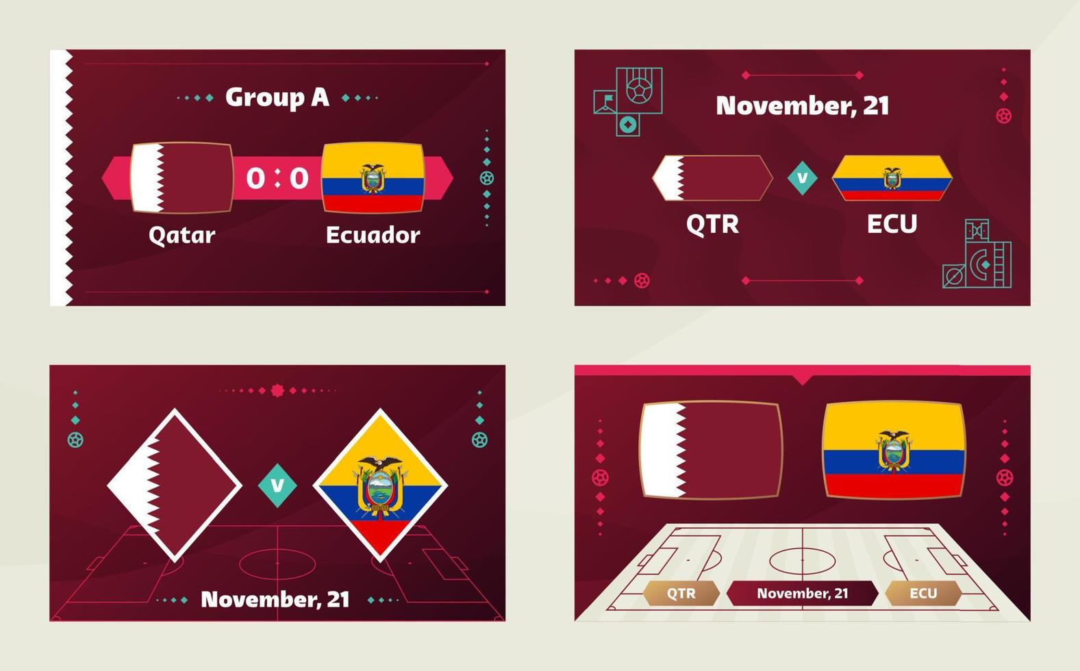 qatar vs ecuador, calcio 2022, gruppo a. partita di campionato mondiale di calcio contro squadre intro sfondo sportivo, poster finale della competizione di campionato, illustrazione vettoriale. vettore
