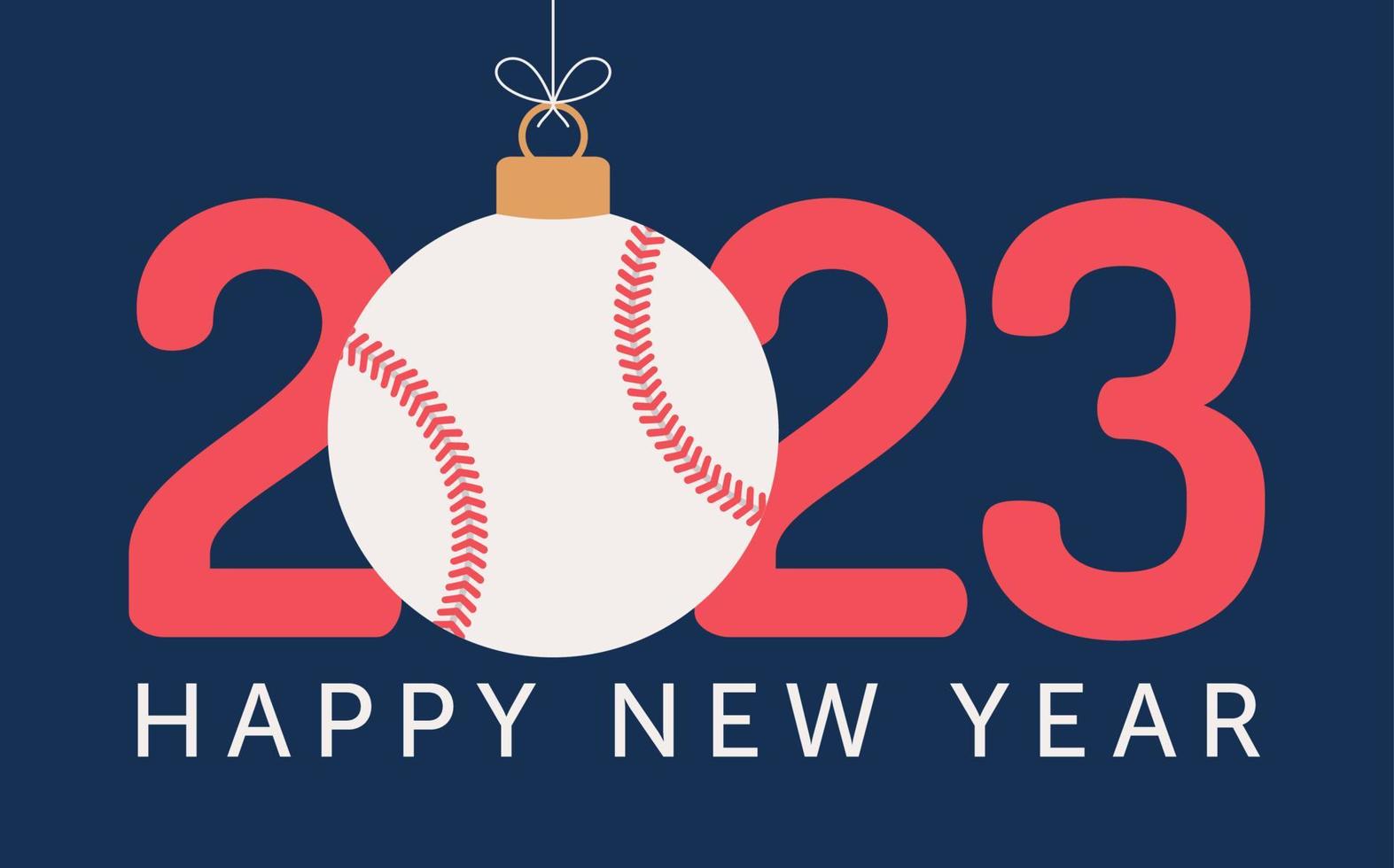 baseball 2023 felice anno nuovo. biglietto di auguri sportivo con palla da baseball sullo sfondo piatto. illustrazione vettoriale. vettore