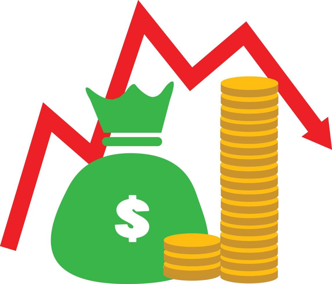 icona di perdita di denaro su bakground bianco. segno di indicatori finanziari. simbolo del grafico delle azioni freccia giù. concetto di crisi finanziaria. stile piatto. vettore